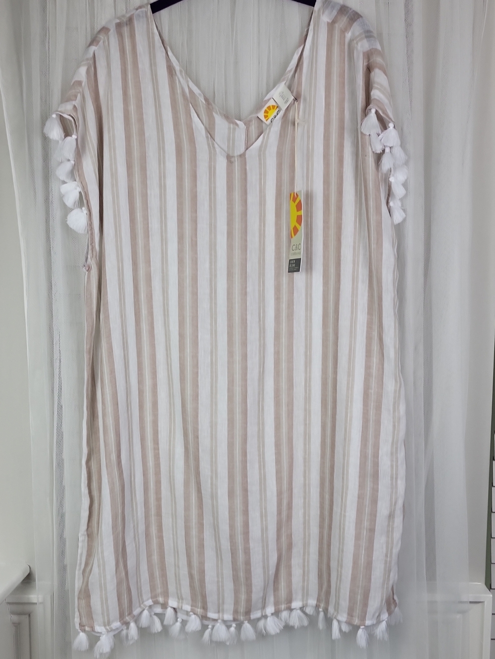 C&C California Striped Tassel linen blend Cover-Up Dress - White & Beige. Size L